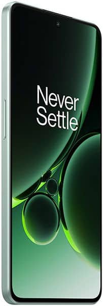 OnePlus Nord 3 front view with "Never Settle" text and abstract green design on display screen