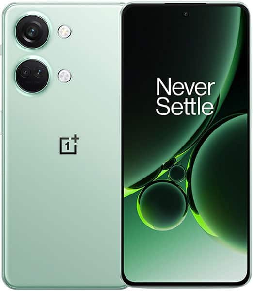 OnePlus Nord 3 front and rear view, mint green with dual camera system and "Never Settle" slogan on screen