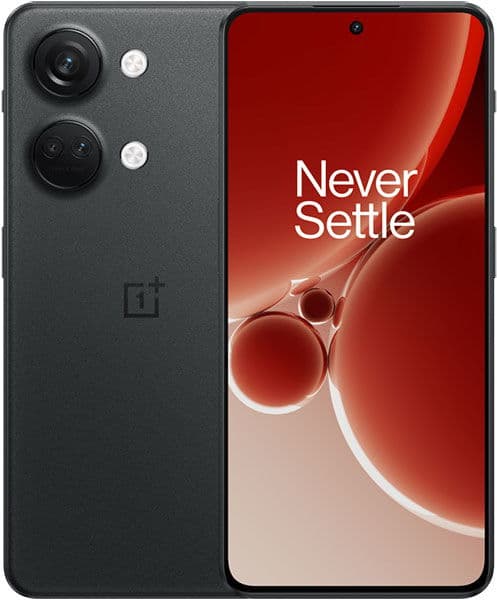 OnePlus Nord 3 front view with dark gray body, dual camera system, and red abstract wallpaper on screen displaying "Never Settle" slogan