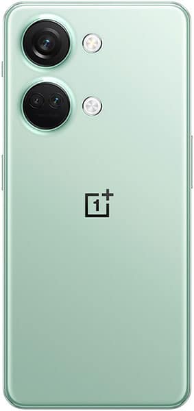 OnePlus Nord 3 rear view, showing dual camera setup and OnePlus logo on mint green back panel
