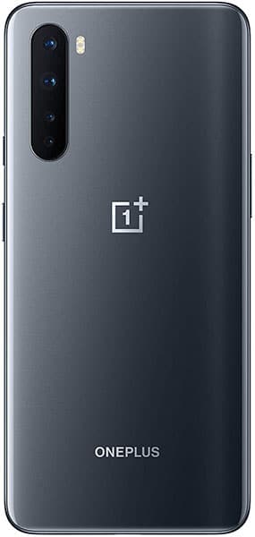 Rear view of matte black OnePlus Nord showing vertical triple cameras, flash, and centered OnePlus logo.