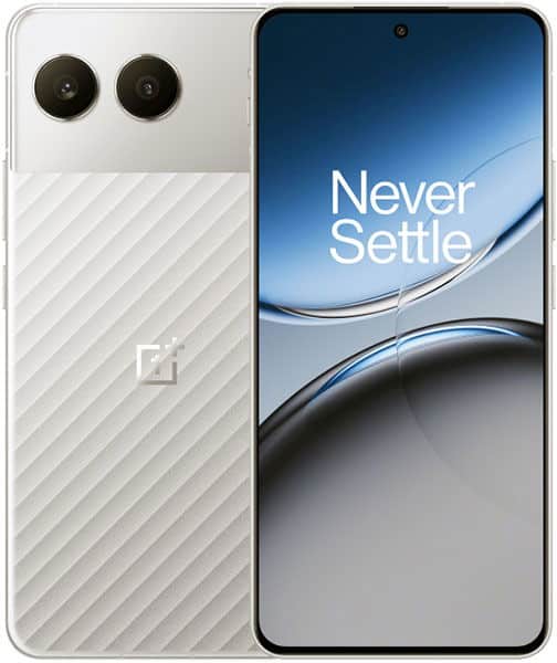 OnePlus Nord 4 front and rear view, showing white textured back with dual cameras and display with "Never Settle" text