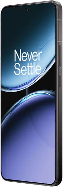 OnePlus Nord 4 front view with screen displaying "Never Settle" slogan and blue gradient wallpaper