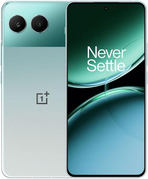 OnePlus Nord 4 front and rear view showing teal and light gray design with dual camera setup and "Never Settle" display screen
