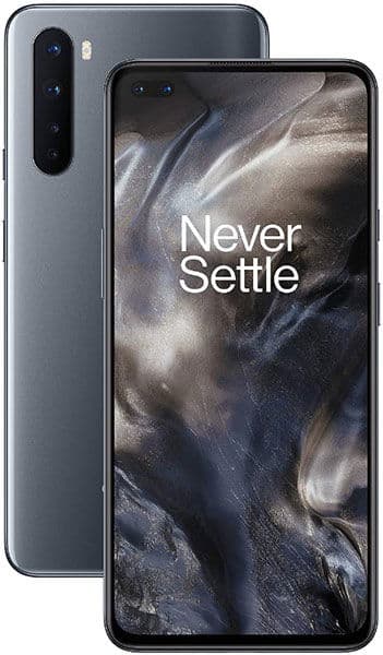 OnePlus Nord shown from rear and front: dark metallic back with four cameras, front screen says "Never Settle" on abstract background.