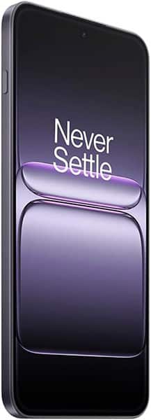 OnePlus Nord 5 angled front view showing "Never Settle" on screen, slim black frame, and rounded edges.