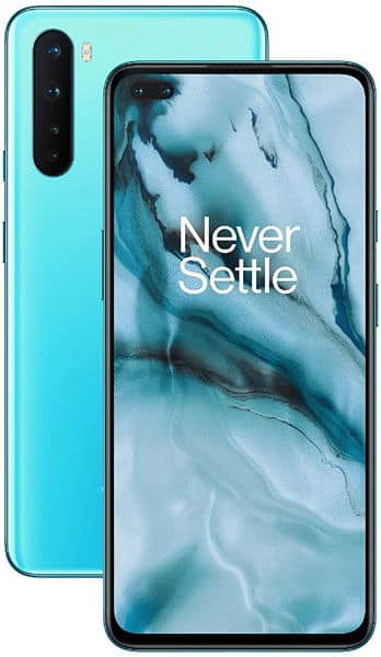 Front and rear view of blue OnePlus Nord; quad rear cameras, dual front camera cutout, "Never Settle" on display.