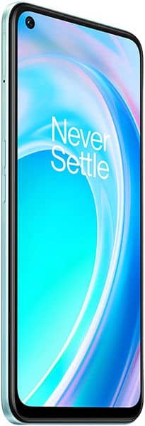 OnePlus Nord CE 2 Lite 5G front view at slight angle, thin bezel, top-left camera, blue gradient screen with "Never Settle" text.
