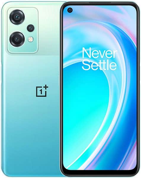 OnePlus Nord CE 2 Lite 5G in mint green, rear view with dual cameras and flash, front view displaying "Never Settle" on screen.