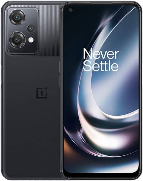 OnePlus Nord CE 2 Lite 5G in black shown front and rear; front shows "Never Settle," rear has dual cameras and OnePlus logo.