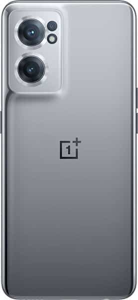 Rear view of silver OnePlus Nord CE 2 5G showing two top-left cameras, flash beneath, and centered OnePlus logo.