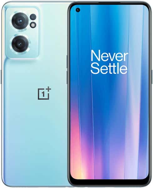 OnePlus Nord CE 2 5G in light blue shown front and back; rear with two cameras, front with "Never Settle" on gradient screen.