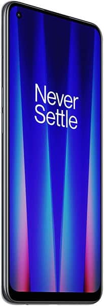Front view of OnePlus Nord CE 2 5G; blue-purple gradient screen, “Never Settle” text, thin bezels, top-left camera hole.