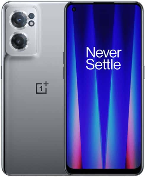 OnePlus Nord CE 2 5G front and rear views; dual rear cameras, LED flash, and "Never Settle" on the powered front display.