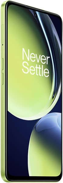 Front view of green OnePlus Nord CE 3 Lite, display reads "Never Settle," slim side buttons, center front camera.