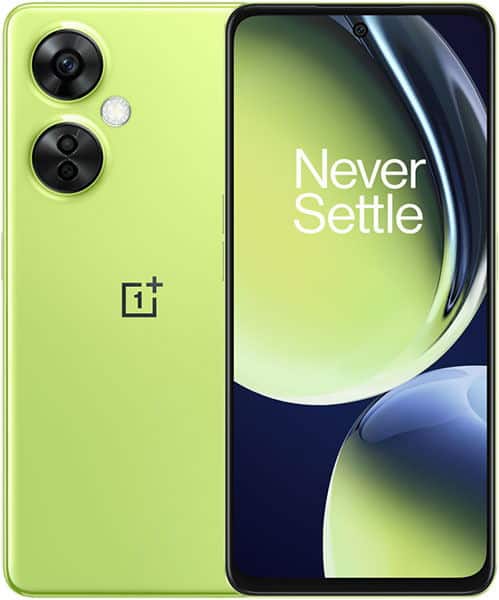 OnePlus Nord CE 3 Lite in lime green shown front and rear; front displays "Never Settle," rear shows dual cameras and flash.