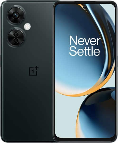 OnePlus Nord CE 3 Lite in black shown front (displaying "Never Settle") and rear (dual cameras, LED flash, logo).
