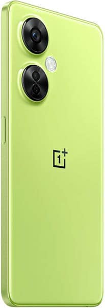 Rear view of lime green OnePlus Nord CE 3 Lite showing dual cameras, flash, and center OnePlus logo.