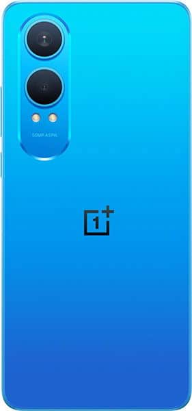 OnePlus Nord CE 4 Lite rear view, bright blue gradient finish with dual camera module and OnePlus logo