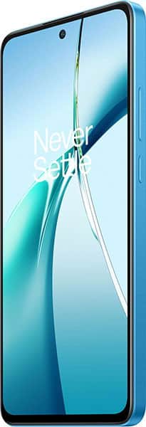 OnePlus Nord CE 4 Lite front view, blue phone with teal gradient display showing product name and design