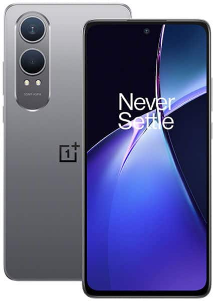 OnePlus Nord CE 4 Lite, front and rear view, gray finish with dual rear camera setup and OnePlus logo visible