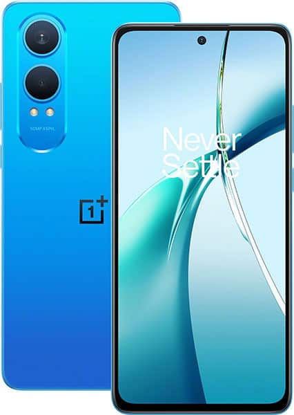 OnePlus Nord CE 4 Lite front and rear view, bright blue gradient finish with dual camera system and OnePlus logo