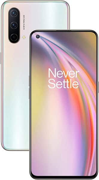 OnePlus Nord CE 5G front and rear views, displaying gradient display with "Never Settle" text and triple rear camera setup