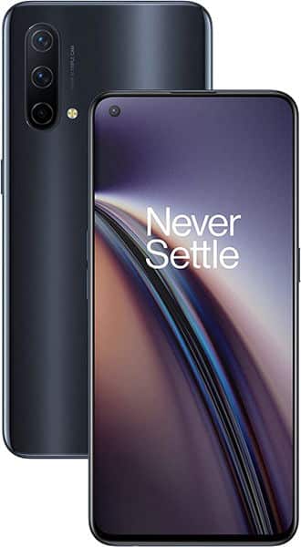OnePlus Nord CE 5G rear and front views, showing triple camera setup and display with "Never Settle" text
