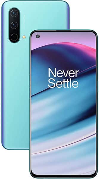 OnePlus Nord CE 5G front and rear view, cyan gradient finish, triple camera setup, display showing "Never Settle" slogan
