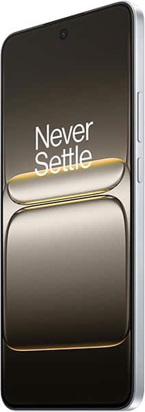 OnePlus Nord CE5 front view with "Never Settle" slogan displayed on screen, silver frame visible on side