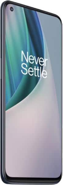 OnePlus Nord N10 front view with screen displaying "Never Settle" logo and blue-green gradient wallpaper