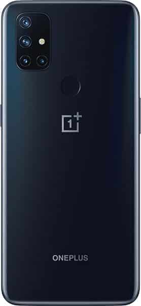 OnePlus Nord N10 rear view, showing quad camera array and fingerprint sensor on dark blue back panel