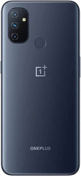 OnePlus Nord N100 rear view, showing dark blue back with triple camera module and OnePlus logo