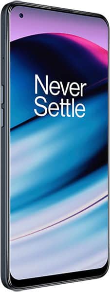 Front view of OnePlus Nord N20 5G showing thin bezels, "Never Settle" on screen, and side buttons on the left edge.