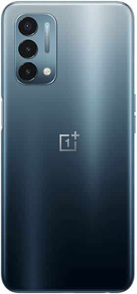 OnePlus Nord N200 5G rear view, showing triple camera array and OnePlus logo on blue gradient back