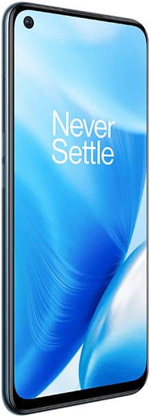 OnePlus Nord N200 5G front view, displaying blue wallpaper with "Never Settle" text on screen