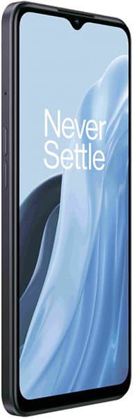 OnePlus Nord N300 5G front view displaying blue abstract wallpaper with "Never Settle" text on screen