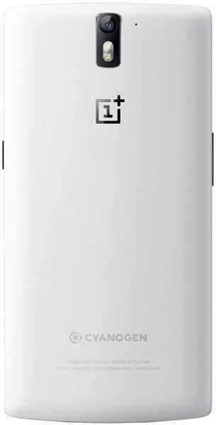 OnePlus One rear view, white back with camera and OnePlus logo centered, Cyanogen branding at bottom