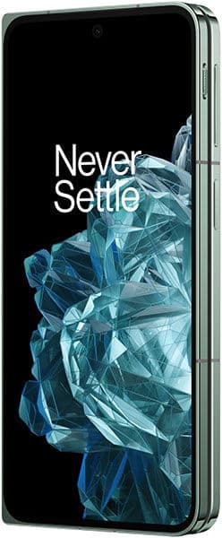 OnePlus Open foldable phone, light green frame, partially open front view with "Never Settle" on blue crystal-like display.