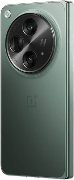 Rear view of green OnePlus Open, partially folded, with circular triple camera module, Hasselblad branding, and OnePlus logo.