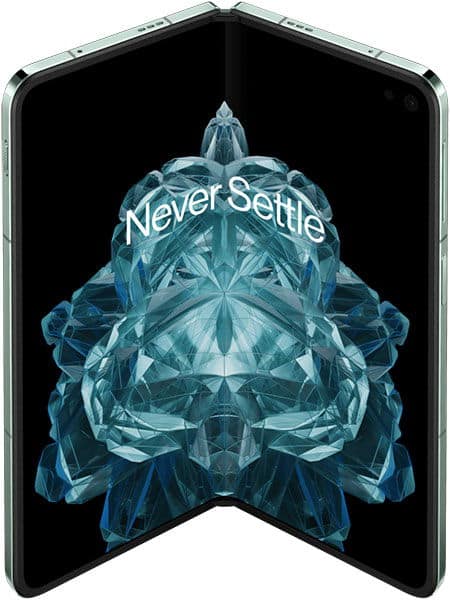 OnePlus Open foldable smartphone shown partially open, front view with blue geometric screen and "Never Settle" at the top.