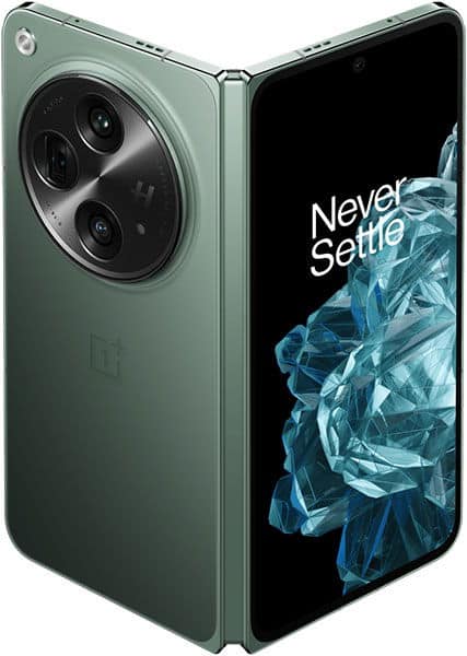 Green OnePlus Open foldable shown in a partial side view, revealing its rear triple cameras and main screen with "Never Settle.