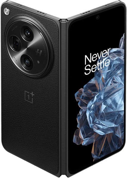 Partially open black OnePlus Open showing front display with "Never Settle;" rear view has circular triple camera and logo.