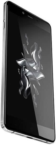 OnePlus X smartphone shown from front angle, displaying abstract geometric artwork on screen, with dark frame and white accent stripe visible on side
