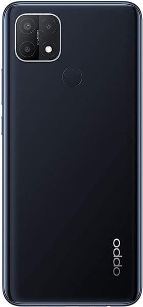 Oppo A15 rear view, black finish with triple camera array and fingerprint sensor visible