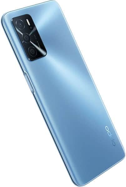 Oppo A16s rear view, light blue finish with triple camera module and Oppo branding visible