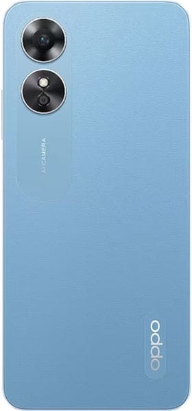 Oppo A17 rear view, light blue, dual camera module with circular lenses on upper left, Oppo branding on back