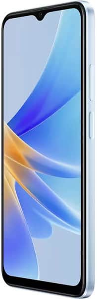 Oppo A17 smartphone, front view, displaying blue and gold abstract wallpaper on screen