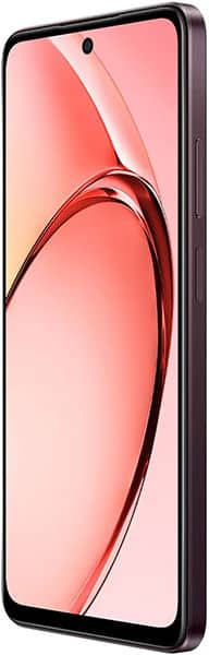 Oppo A40 smartphone front view with pink gradient display showing curved red design wallpaper and top-mounted camera