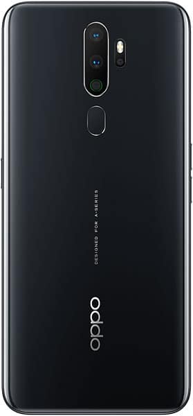 Oppo A5 (2020) rear view, black smartphone with dual camera setup and fingerprint sensor
